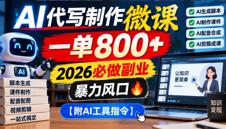 AI代写制作微课,一单800+,2026必做副业,暴力风口【附AI工具指令】【揭秘】-鑫梵淘轻创网