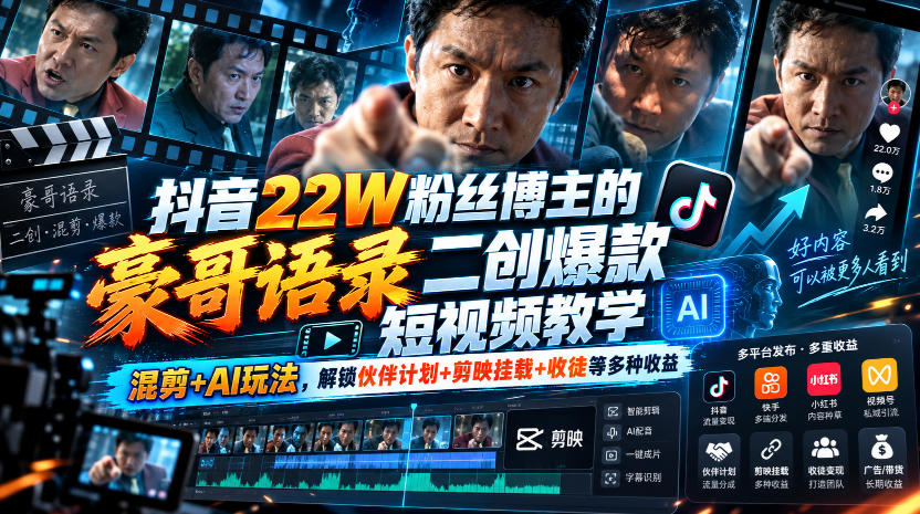 抖音22W粉丝博主的豪哥语录二创爆款短视频教学,混剪+AI玩法,解锁伙伴计划+剪映挂载+收徒等多种收益-鑫梵淘轻创网