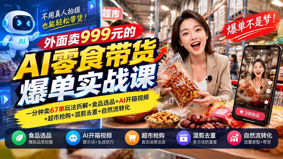 外面卖999元的AI零食带货爆单实战课｜一分钟卖67单玩法拆解+食品选品+AI开箱视频+超市抢购+混剪去重+自然流转化-鑫梵淘轻创网