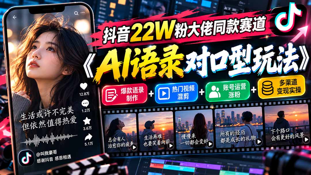 抖音22W粉大佬同款赛道《AI语录对口型玩法》：爆款语录制作+热门视频混剪+账号运营涨粉+多渠道变现实操-鑫梵淘轻创网