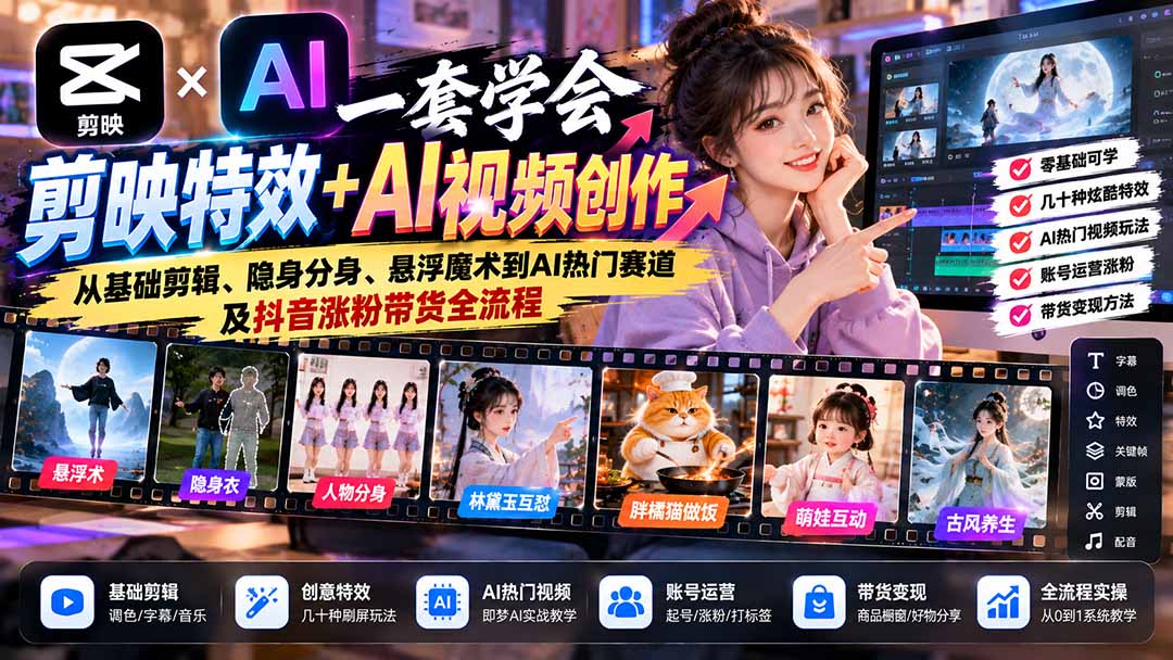 一套学会剪映特效+AI视频创作：从基础剪辑、隐身分身、悬浮魔术到AI热门赛道及抖音涨粉带货全流程-鑫梵淘轻创网
