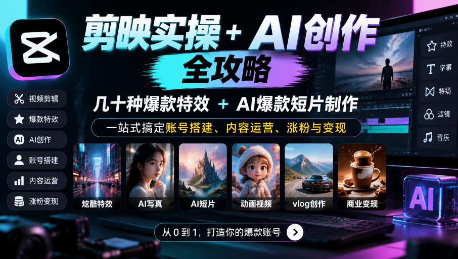 剪映实操+AI创作全攻略｜几十种爆款特效+AI爆款短片制作，一站式搞定账号搭建、内容运营、涨粉与变现-鑫梵淘轻创网