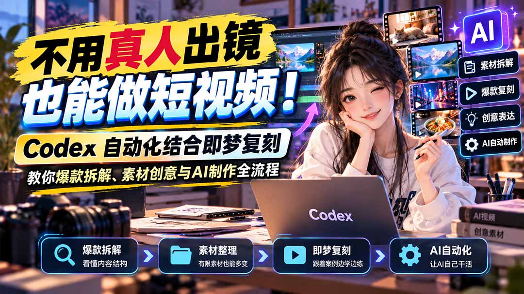 不用真人出镜也能做短视频！Codex自动化结合即梦复刻，教你爆款拆解、素材创意与AI制作全流程-鑫梵淘轻创网