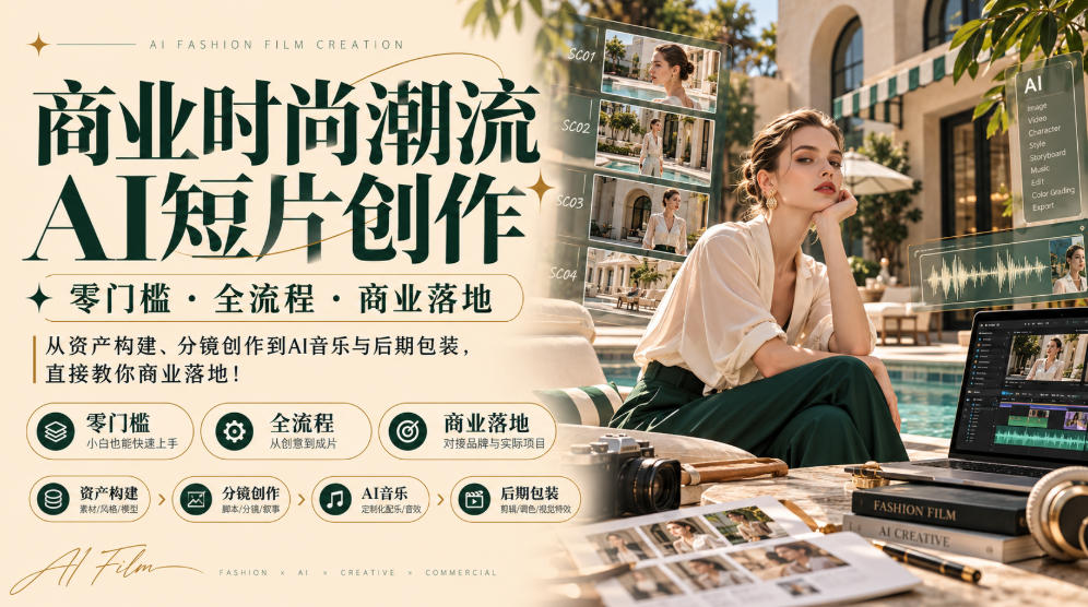 商业时尚潮流AI短片创作｜零门槛・全流程・商业落地，从资产构建、分镜创作到AI音乐与后期包装，直接教你商业落地！-鑫梵淘轻创网