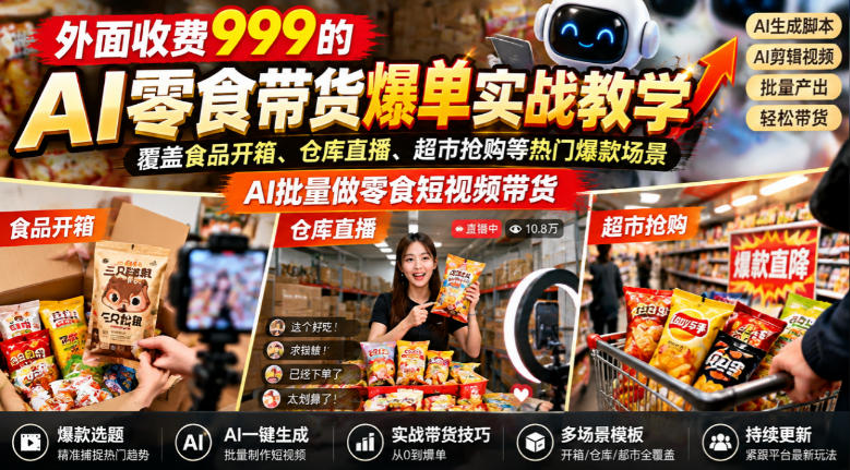 外面收费999的AI零食带货爆单实战教学,覆盖食品开箱、仓库直播、超市抢购等热门爆款场景,AI批量做零食短视频带货-鑫梵淘轻创网