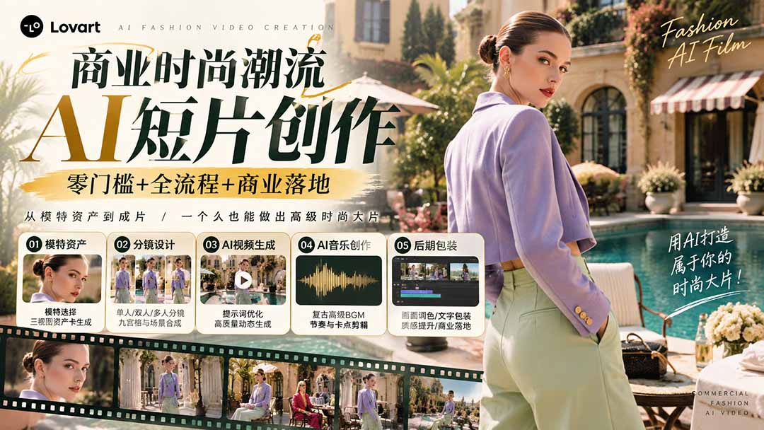 从一张模特图到高级时尚广告大片：AI三视图资产、场景合成、电影分镜、动态生成与复古音乐剪辑实战课-鑫梵淘轻创网