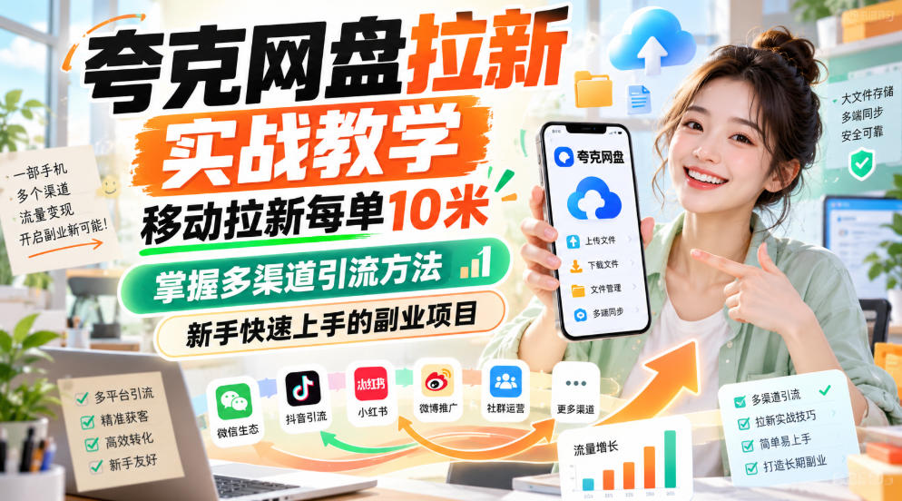 夸克网盘拉新实战教学，移动拉新每单10米，掌握多渠道引流方法，新手快速上手的副业项目(更新1017)-鑫梵淘轻创网