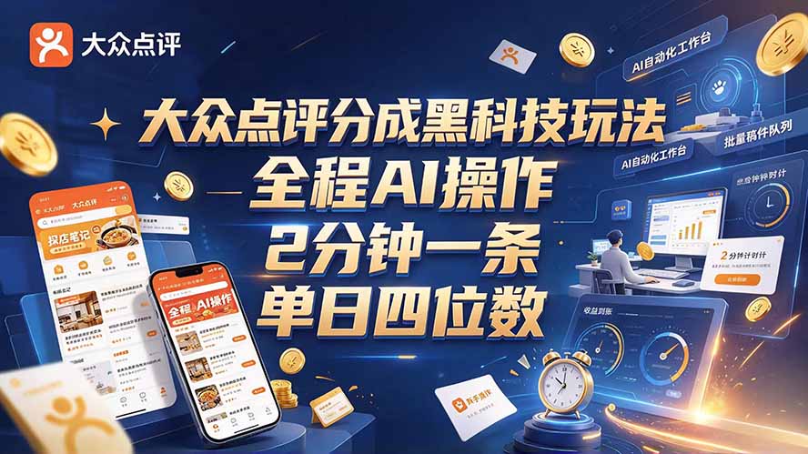 大众点评分成全网独家玩法,AI 全自动出内容,2 分钟一条,小白可冲单日四位数-鑫梵淘轻创网