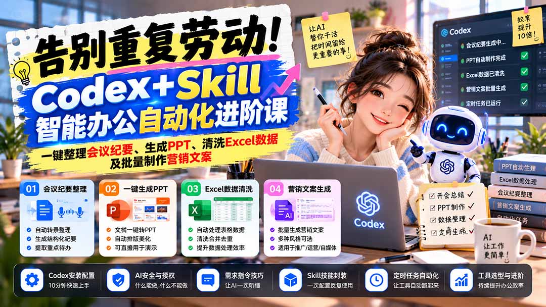 告别重复劳动！Codex+Skill智能办公自动化进阶课：一键整理会议纪要、生成PPT、清洗Excel数据及批量制作营销文案-鑫梵淘轻创网