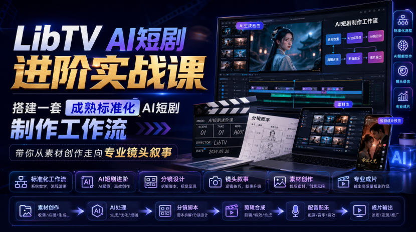LibTV AI短剧进阶实战课，搭建一套成熟标准化AI短剧制作工作流，带你从素材创作走向专业镜头叙事(更新)-鑫梵淘轻创网