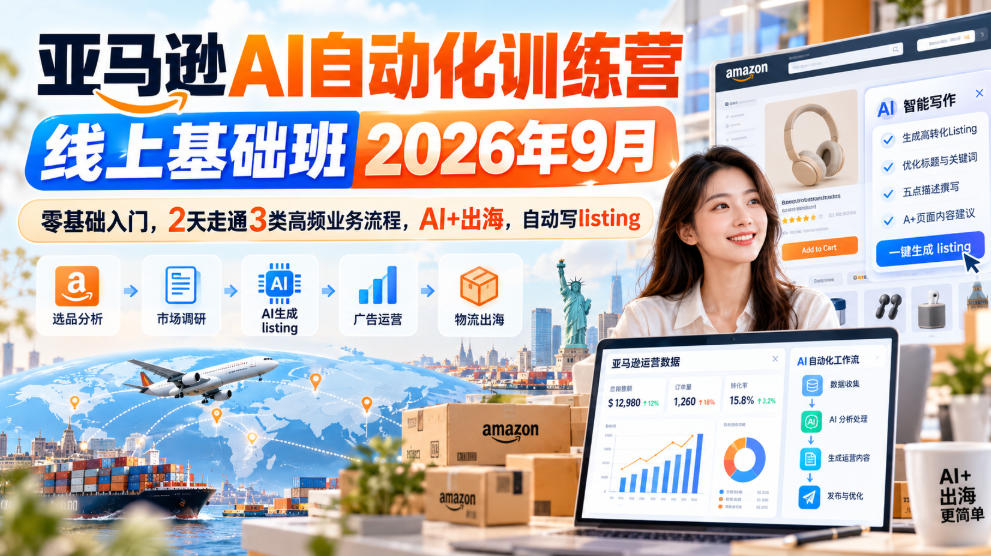 亚马逊AI自动化训练营线上基础班2026年9月，零基础入门，2天走通3类高频业务流程，AI+出海，自动写listing(更新1017)-鑫梵淘轻创网