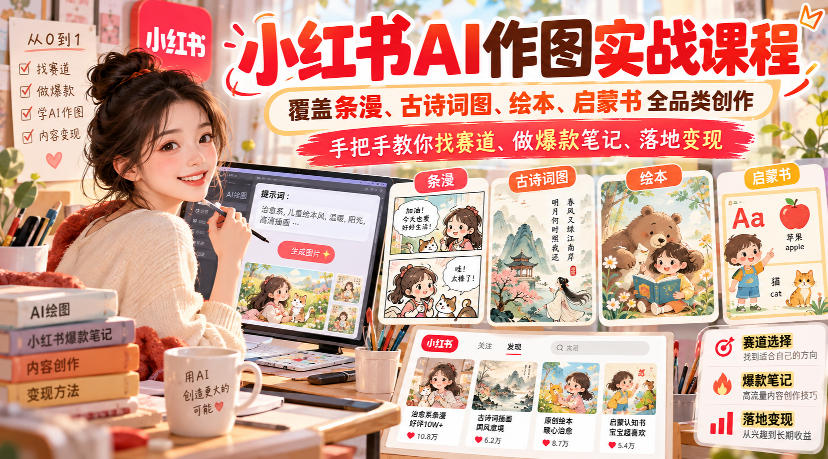 小红书AI作图实战课程,覆盖条漫、古诗词图、绘本、启蒙书全品类创作,手把手教你找赛道、做爆款笔记、落地变现(更新1017)-鑫梵淘轻创网