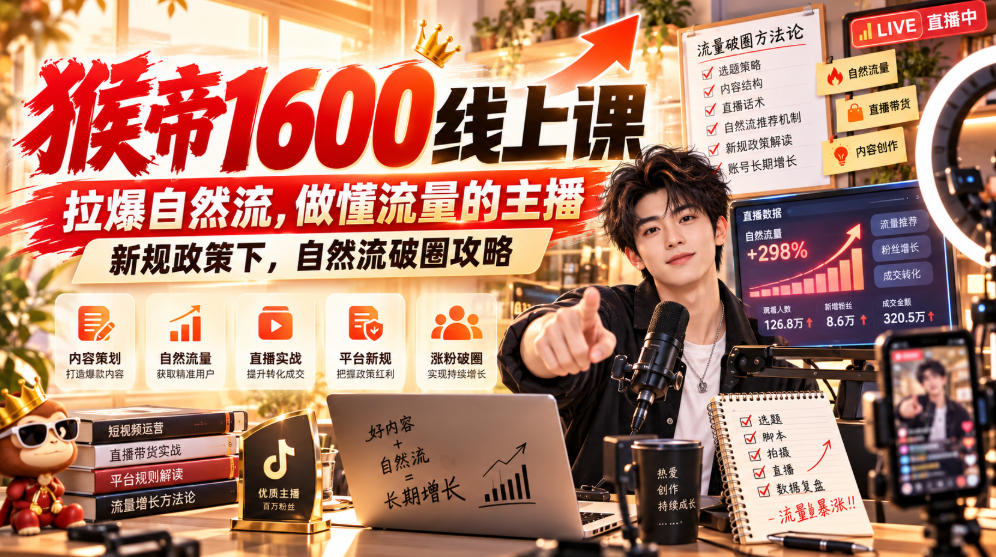 猴帝1600线上课，拉爆自然流，做懂流量的主播，新规政策下，自然流破圈攻略【更新261017】-鑫梵淘轻创网