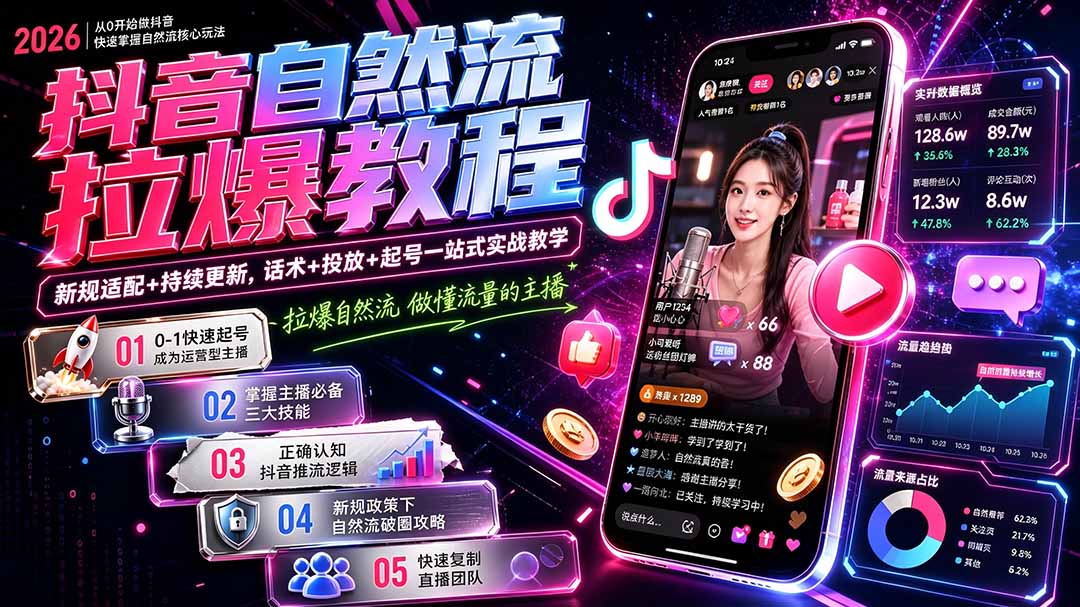 抖音自然流拉爆教程-更新1017:做懂流量的主播,新规适配+持续更新,话术+投放+起号一站式实战教学-鑫梵淘轻创网
