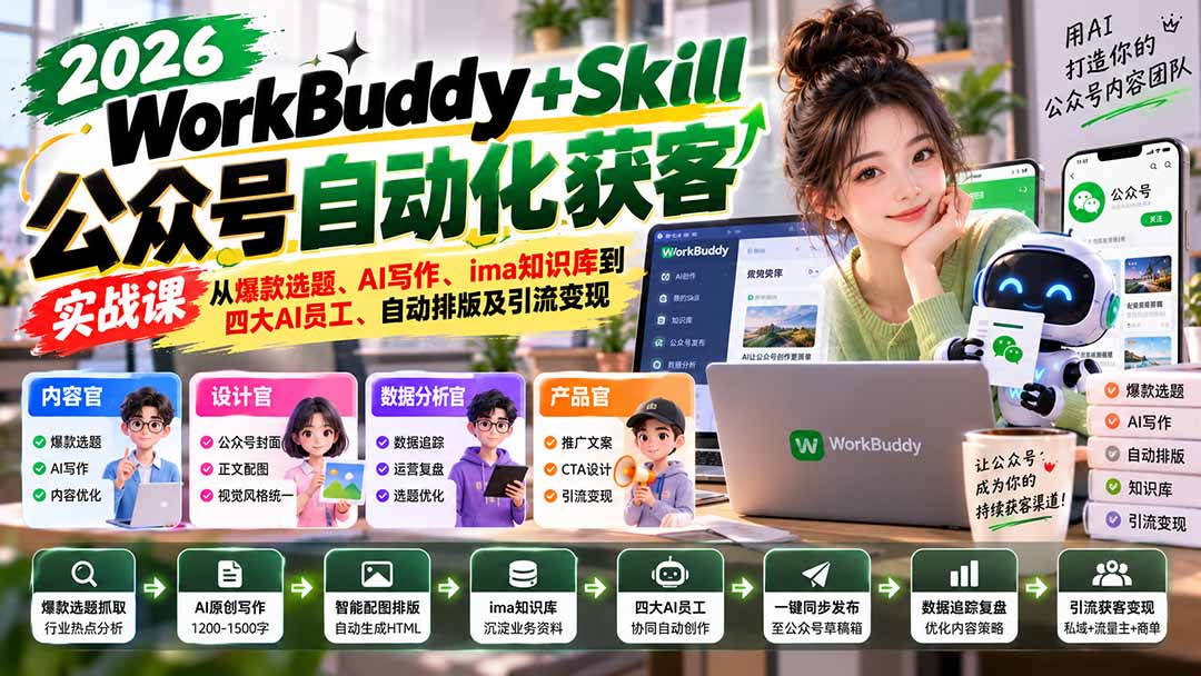 WorkBuddy + Skill公众号自动化获客实战课:从爆款选题、AI写作、ima知识库到四大AI员工、自动排版及引流变现-鑫梵淘轻创网