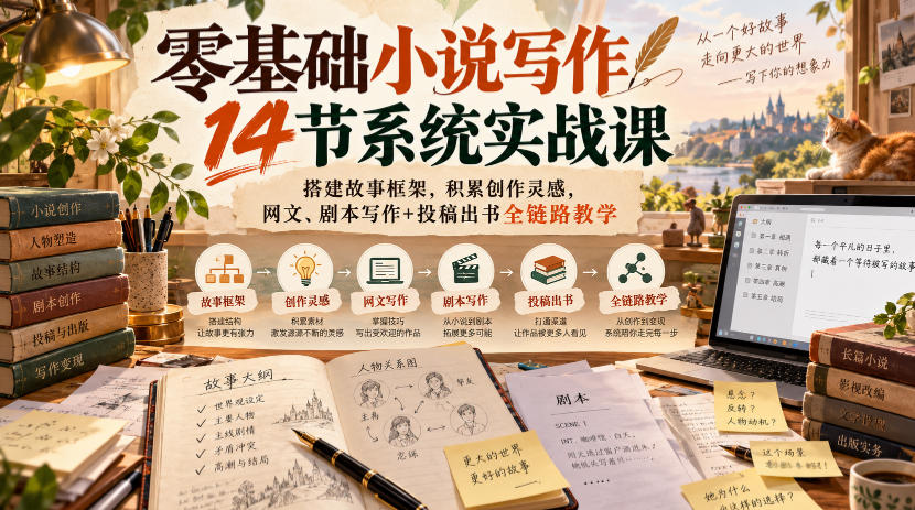 零基础小说写作14节系统实战课，搭建故事框架，积累创作灵感，网文、剧本写作+投稿出书全链路教学-鑫梵淘轻创网