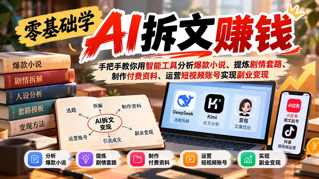 零基础学AI拆文赚钱：手把手教你用智能工具分析爆款小说、提炼剧情套路、制作付费资料、运营短视频账号实现副业变现-鑫梵淘轻创网
