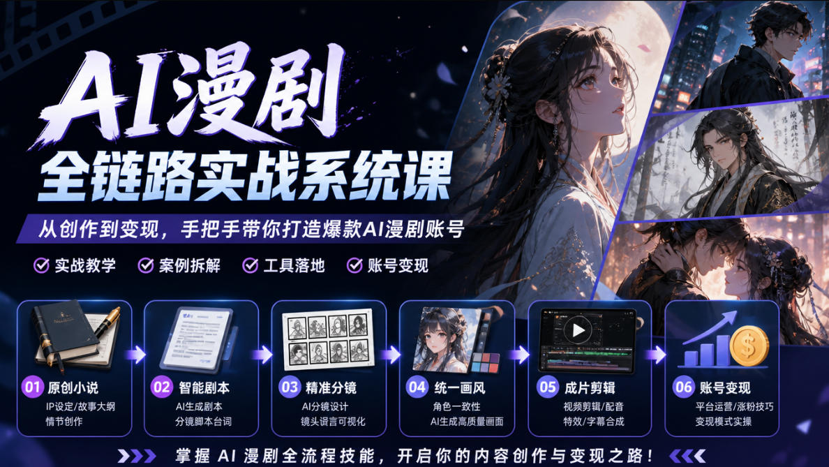 AI漫剧全链路实战系统课｜原创小说、智能剧本、精准分镜、统一画风、成片剪辑、账号变现实操教学(更新1018)-鑫梵淘轻创网