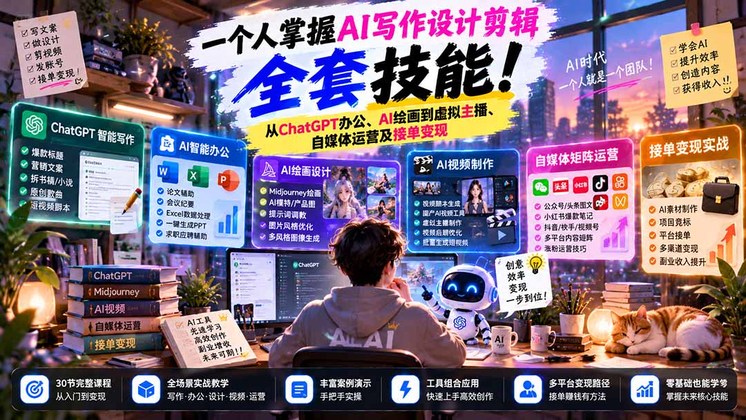 一个人掌握AI写作设计剪辑全套技能:从ChatGPT办公、AI绘画到虚拟主播、自媒体运营及接单变现-鑫梵淘轻创网