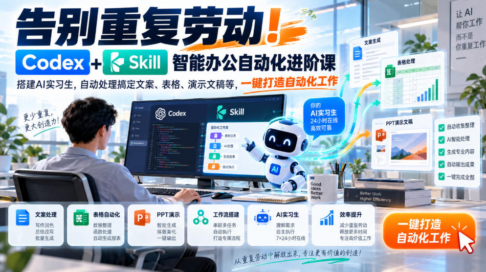 告别重复劳动!Codex+Skill智能办公自动化进阶课|搭建AI实习生,自动处理搞定文案、表格、演示文稿等,一键打造自动化工作-鑫梵淘轻创网