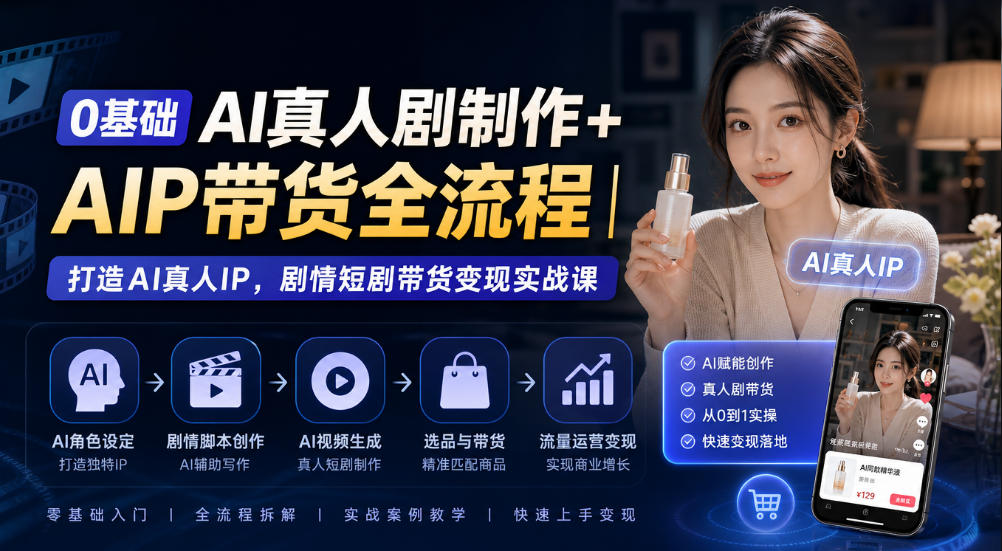 0基础AI真人剧制作+AIP带货全流程｜打造AI真人IP，剧情短剧带货变现实战课-鑫梵淘轻创网