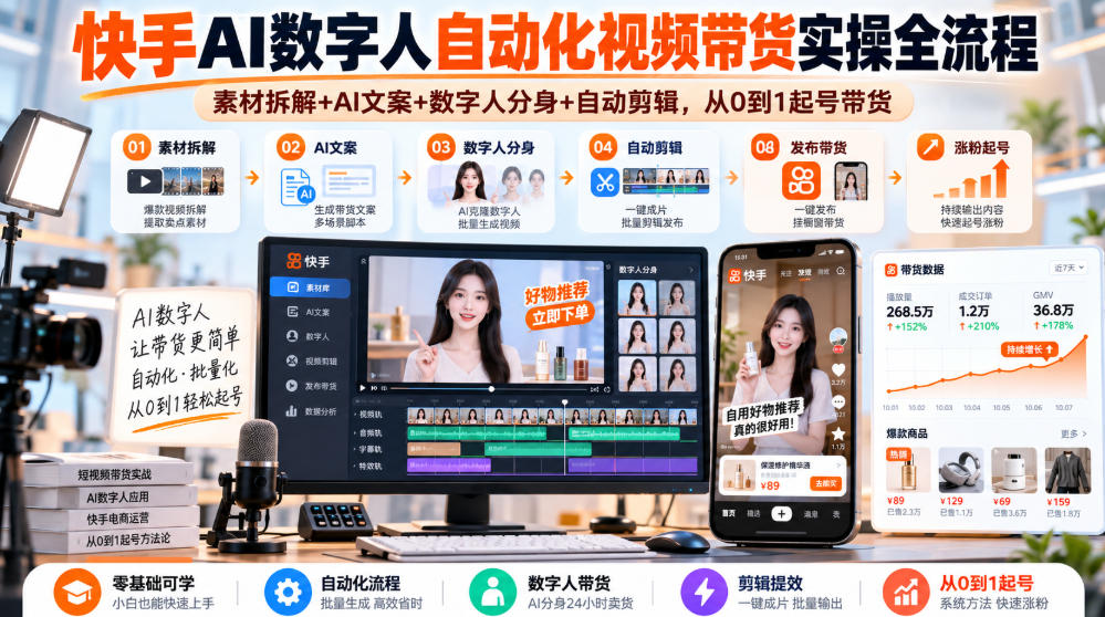 快手AI数字人自动化视频带货实操全流程｜素材拆解+AI文案+数字人分身+自动剪辑，从0到1起号带货(更新26年)-鑫梵淘轻创网