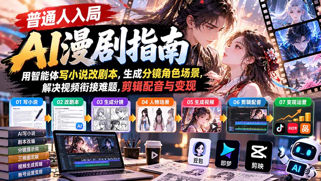 【无水印】普通人入局AI漫剧指南：用智能体写小说改剧本，生成分镜角色场景，解决视频衔接难题，剪辑配音与变现-鑫梵淘轻创网