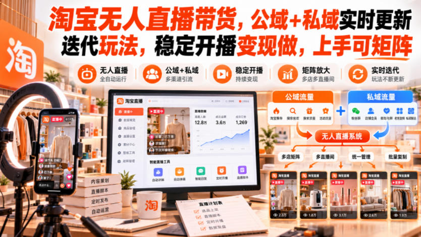 淘宝无人直播带货，公域+私域实时更新迭代玩法，稳定开播变现做，上手可矩阵【揭秘】-鑫梵淘轻创网