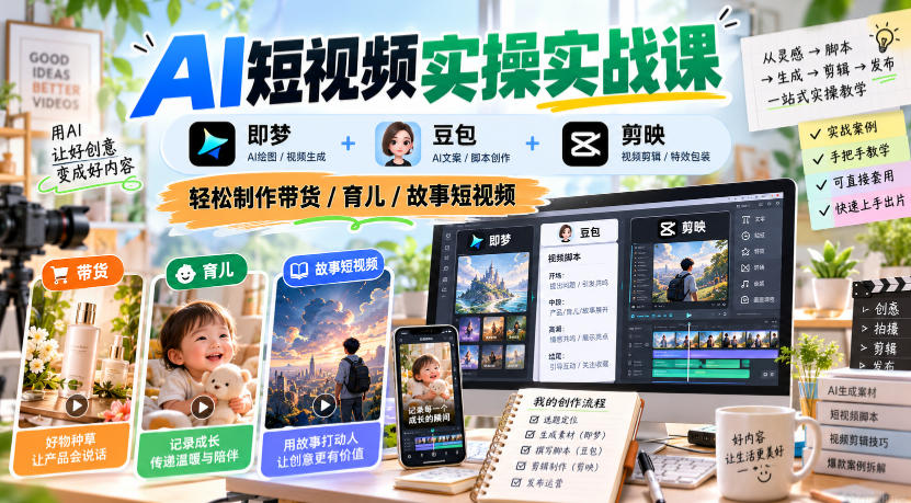 AI短视频实操实战课，即梦+豆包+剪映，轻松制作带货/育儿/故事短视频-鑫梵淘轻创网