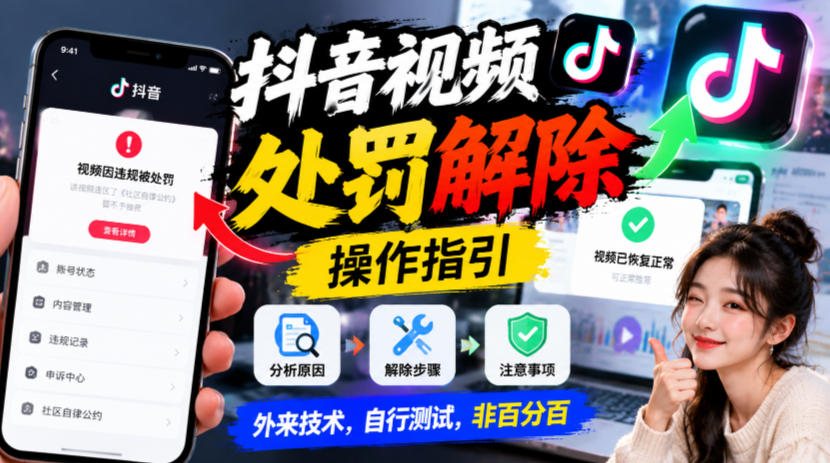抖音视频处罚解除操作指引，外来技术，自行测试，非百分百-鑫梵淘轻创网