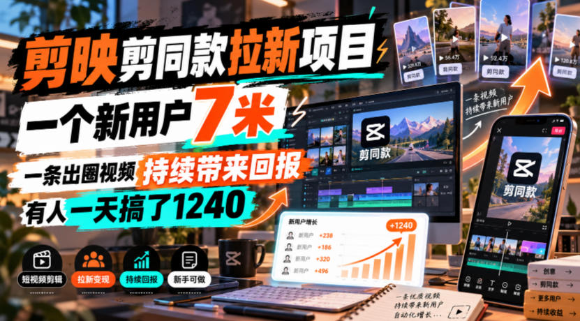 剪映剪同款拉新项目，一个新用户7米，一条出圈视频持续带来回报，有人一天搞了1240-鑫梵淘轻创网