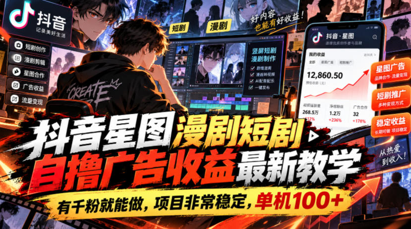 抖音星图漫剧短剧自撸广告收益最新教学，有千粉就能做，项目非常稳定，单机100+-鑫梵淘轻创网