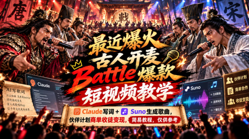 最近爆火古人开麦Battle爆款短视频教学，Claude写词+Suno生成歌曲，伙伴计划商单收徒变现，简易教程，仅供参考-鑫梵淘轻创网
