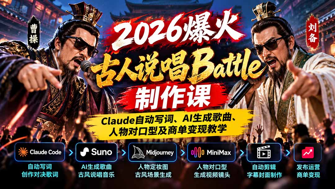2026爆火古人说唱Battle制作课：Claude自动写词、AI生成歌曲、人物对口型及商单变现教学-鑫梵淘轻创网