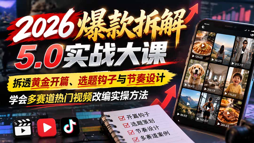 2026爆款拆解5.0实战大课：拆透黄金开篇、选题钩子与节奏设计，学会多赛道热门视频改编实操方法-鑫梵淘轻创网