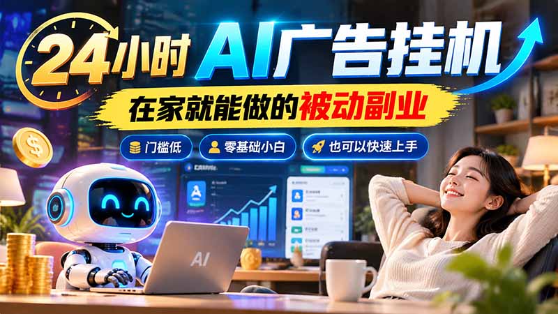 24小时AI广告挂机｜在家就能做的被动副业，门槛低，零基础小白也可以快速上手-鑫梵淘轻创网