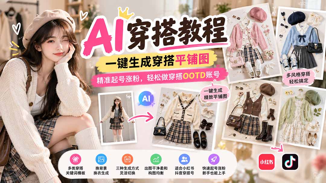 【无水印】AI穿搭教程｜一键生成穿搭平铺图，精准起号涨粉，轻松做穿搭OOTD账号-鑫梵淘轻创网