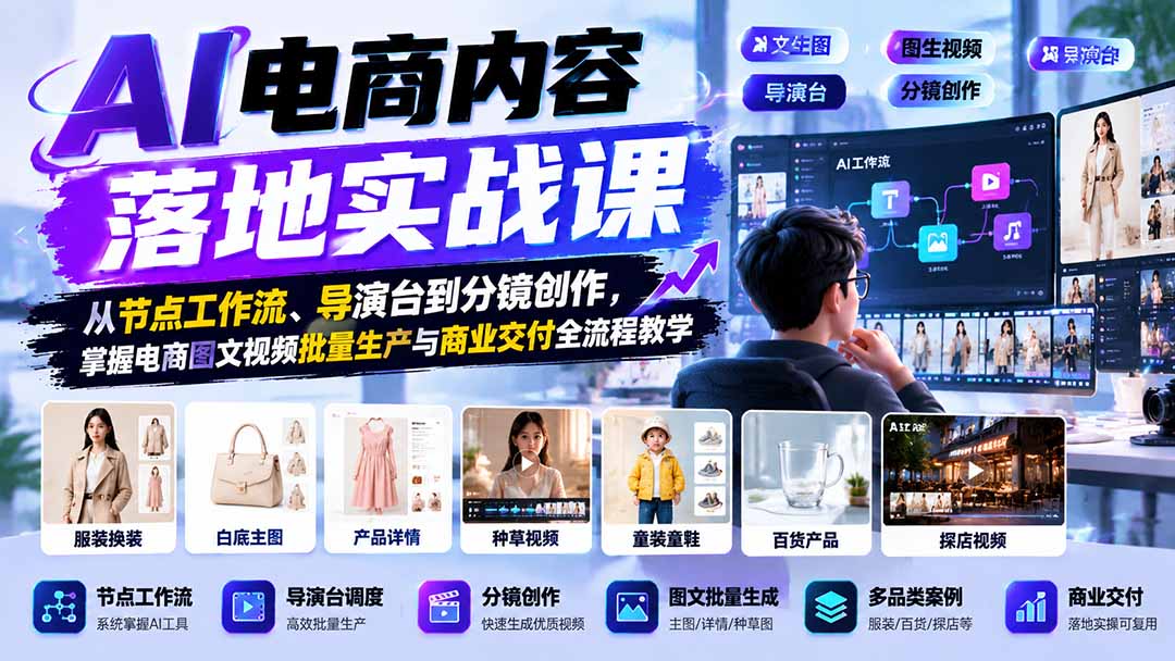 AI电商内容落地实战课：从节点工作流、导演台到分镜创作，掌握电商图文视频批量生产与商业交付全流程教学-鑫梵淘轻创网
