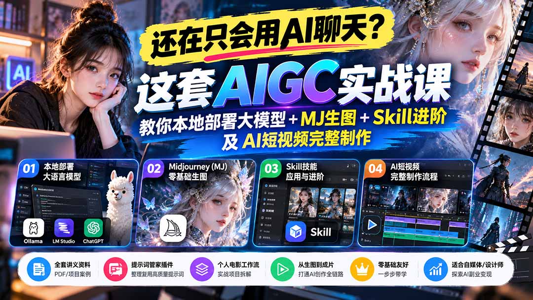 【无水印】还在只会用AI聊天？这套AIGC实战课教你本地部署大模型+MJ生图+Skill进阶及AI短视频完整制作-鑫梵淘轻创网