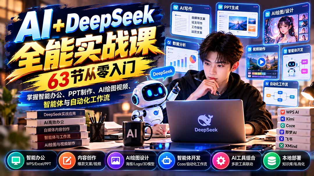 AI+DeepSeek全能实战课：63节从零入门，掌握智能办公、PPT制作、AI绘图视频、智能体与自动化工作流-鑫梵淘轻创网