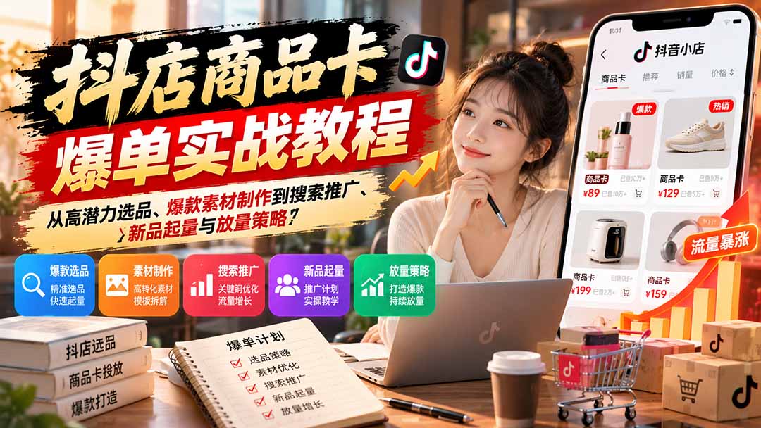 抖店商品卡爆单实战教程：从高潜力选品、爆款素材制作到搜索推广、新品起量与放量策略-鑫梵淘轻创网