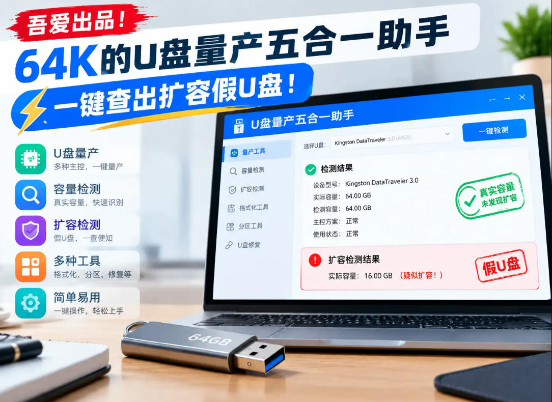 吾爱出品!64K的U盘量产五合一助手,一键查出扩容假U盘!-鑫梵淘轻创网