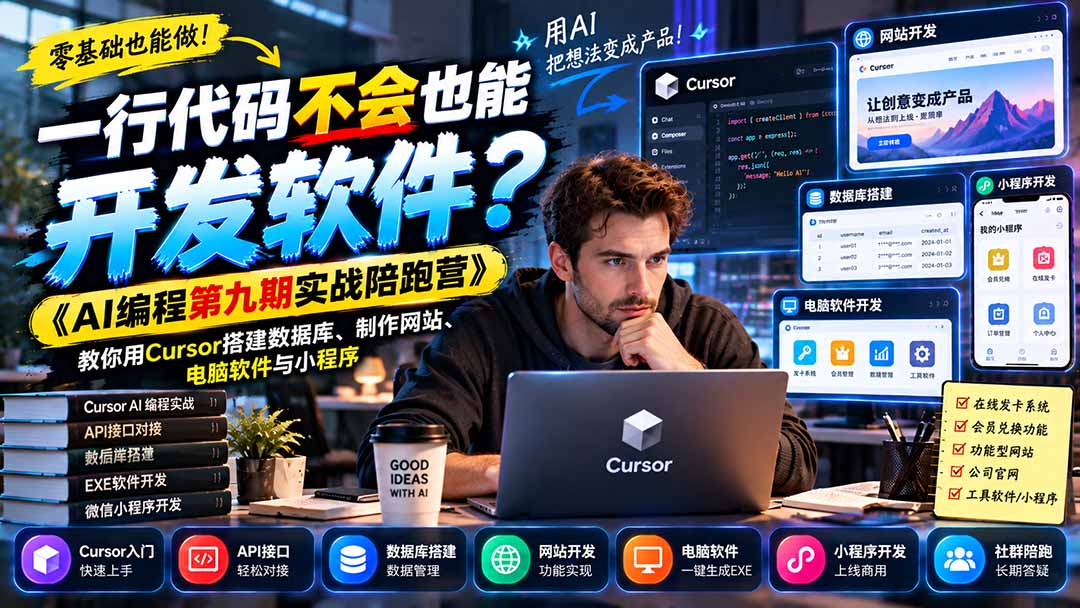 一行代码不会也能开发软件？《AI编程第九期实战陪跑营》教你用Cursor搭建数据库、制作网站、电脑软件与小程序-鑫梵淘轻创网